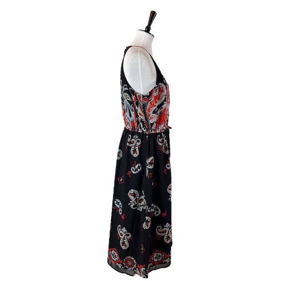 LOFT Midi Dress Halter Neck Blouson Tie Waist Chiffon Black Red Women’s Large - Picture 3 of 10